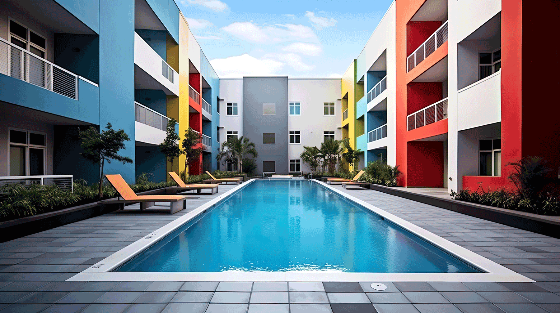 Completed commercial swimming pool serving a multifamily residential development.