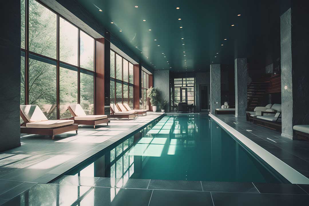 Commercial indoor hospitality pool with controlled lighting, deck surfaces, and enclosed environment